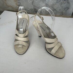 Charles Jourdan White Leather Snake-Like Strappy Heels Pumps